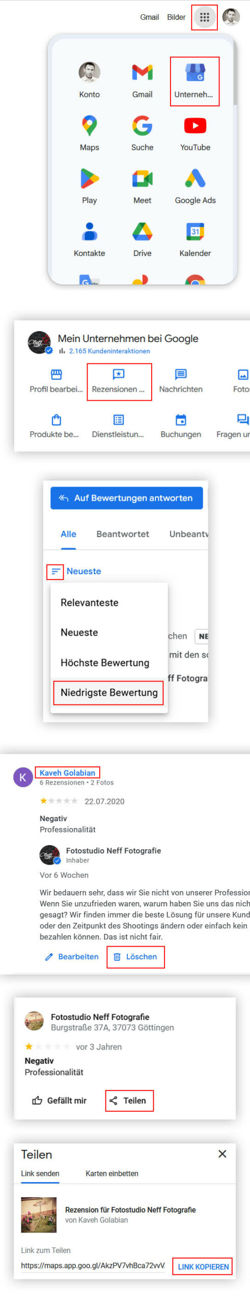 Vorbereitung für die Löschung von negativen Google-Bewertungen